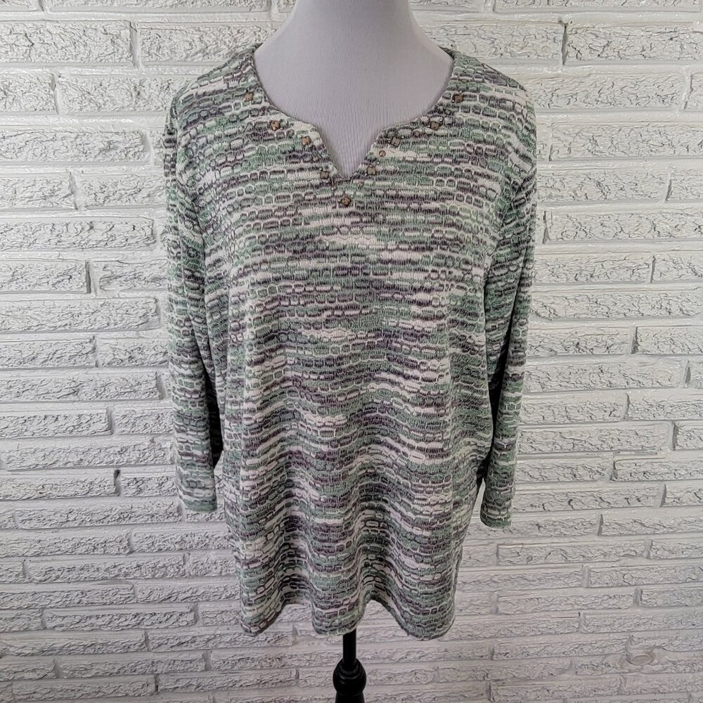 Alfred Dunner Women's 2X Sweater Green Gray Geometric Studded 3/4 Sleeve GEO148E